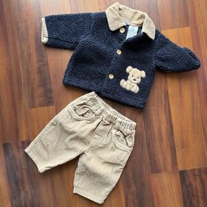 Baby Headquarters Vintage Sherpa Fleece Jacket Corduroy Pants Set Navy Tan 3/6M